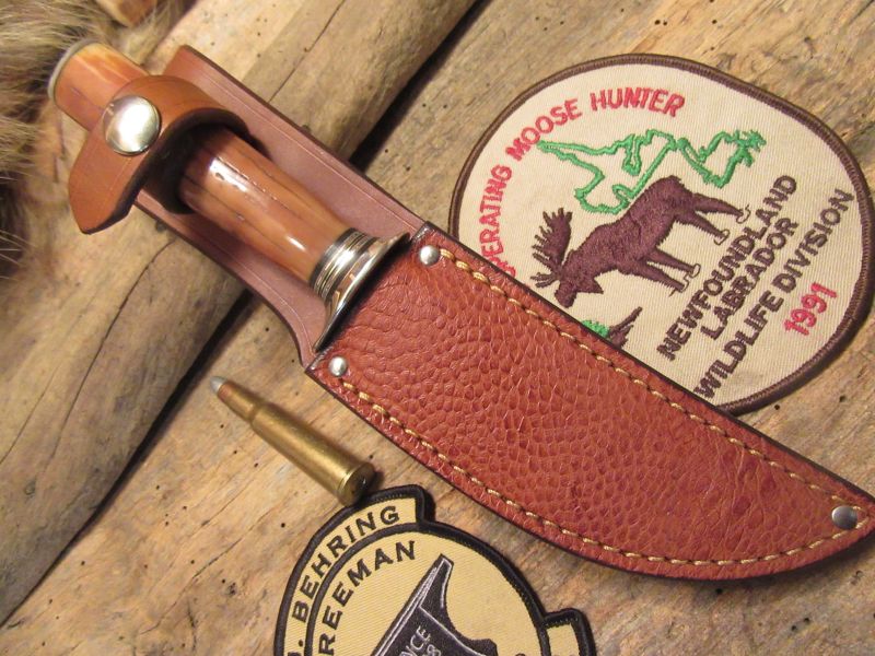   J. Behring Handmade Artifact ivory Deer & Trout Knife Ox Butt Cap