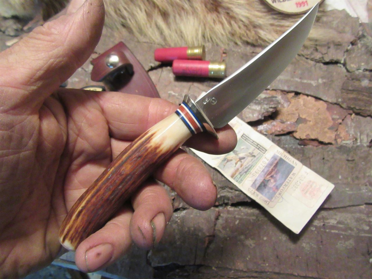 J. Behring Handmade Trout 120 year old Stag  beaver Tail Sheath  