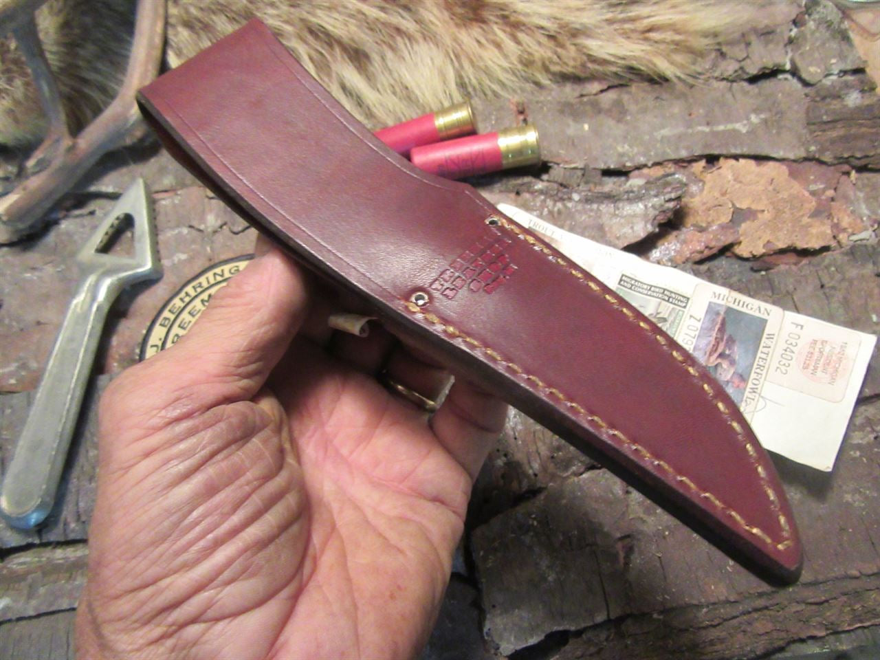  J. Behring Handmade Trout 120 year old Stag  beaver Tail Sheath  