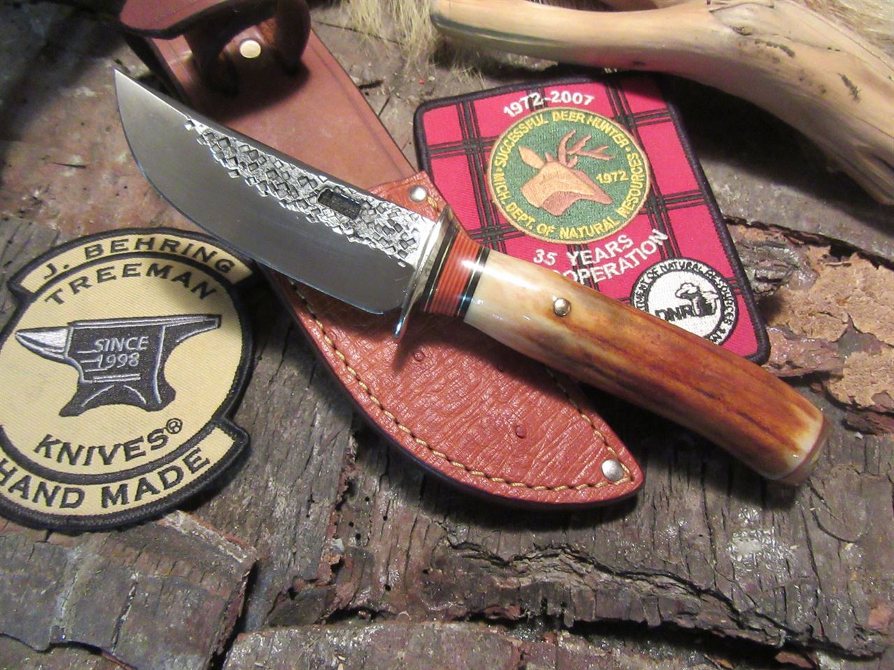  J. Behring Handmade  Hammer mark Caper 120 year old stag Ox butt Ostritch sheath