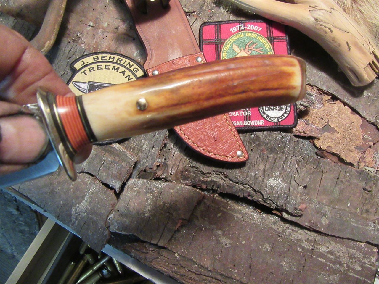  J. Behring Handmade  Hammer mark Caper 120 year old stag Ox butt Ostritch sheath