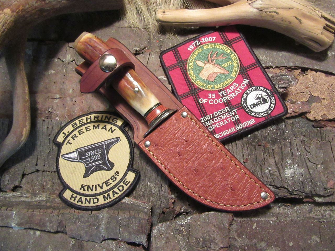  J. Behring Handmade  Hammer mark Caper 120 year old stag Ox butt Ostritch sheath