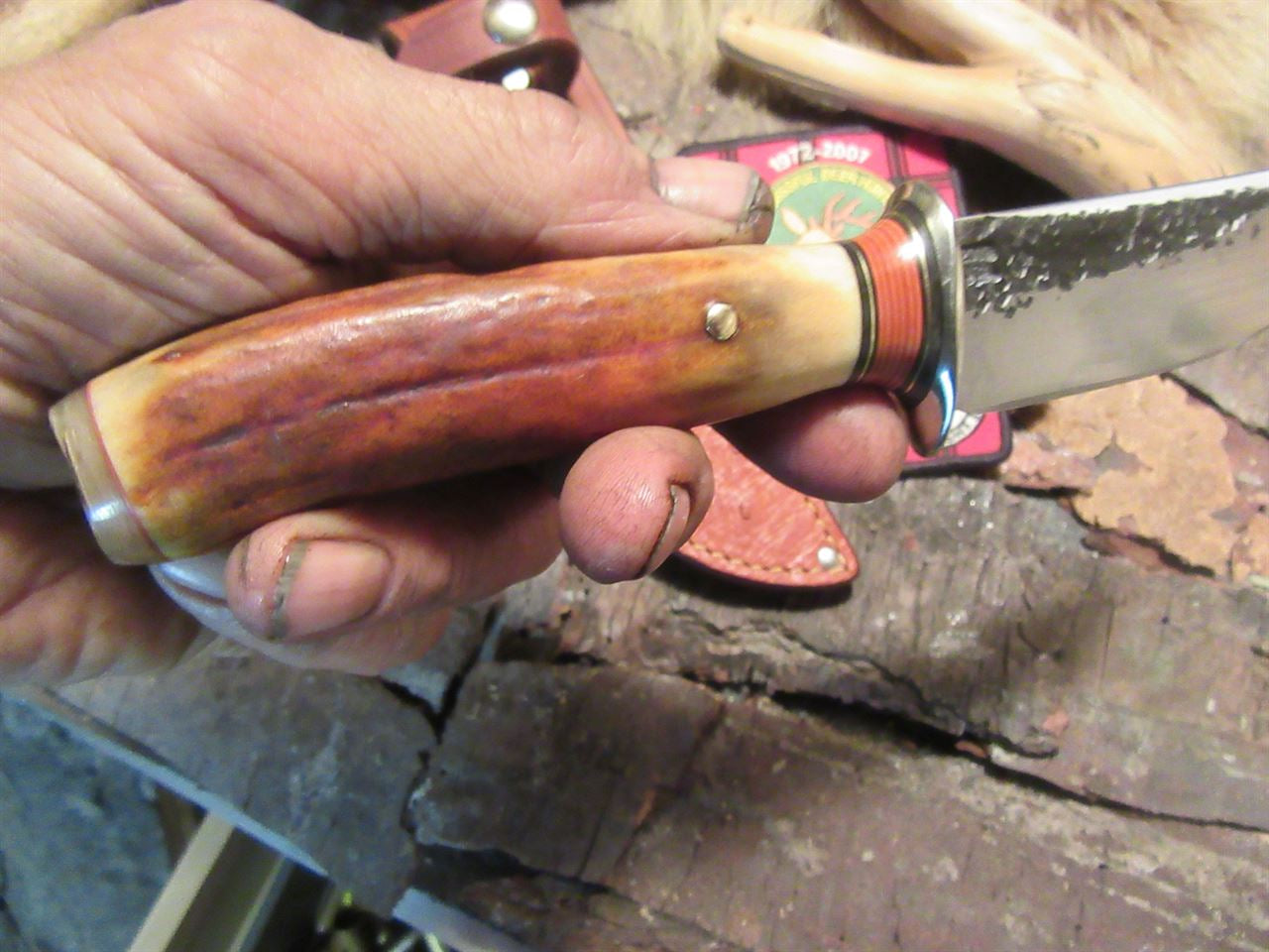  J. Behring Handmade  Hammer mark Caper 120 year old stag Ox butt Ostritch sheath