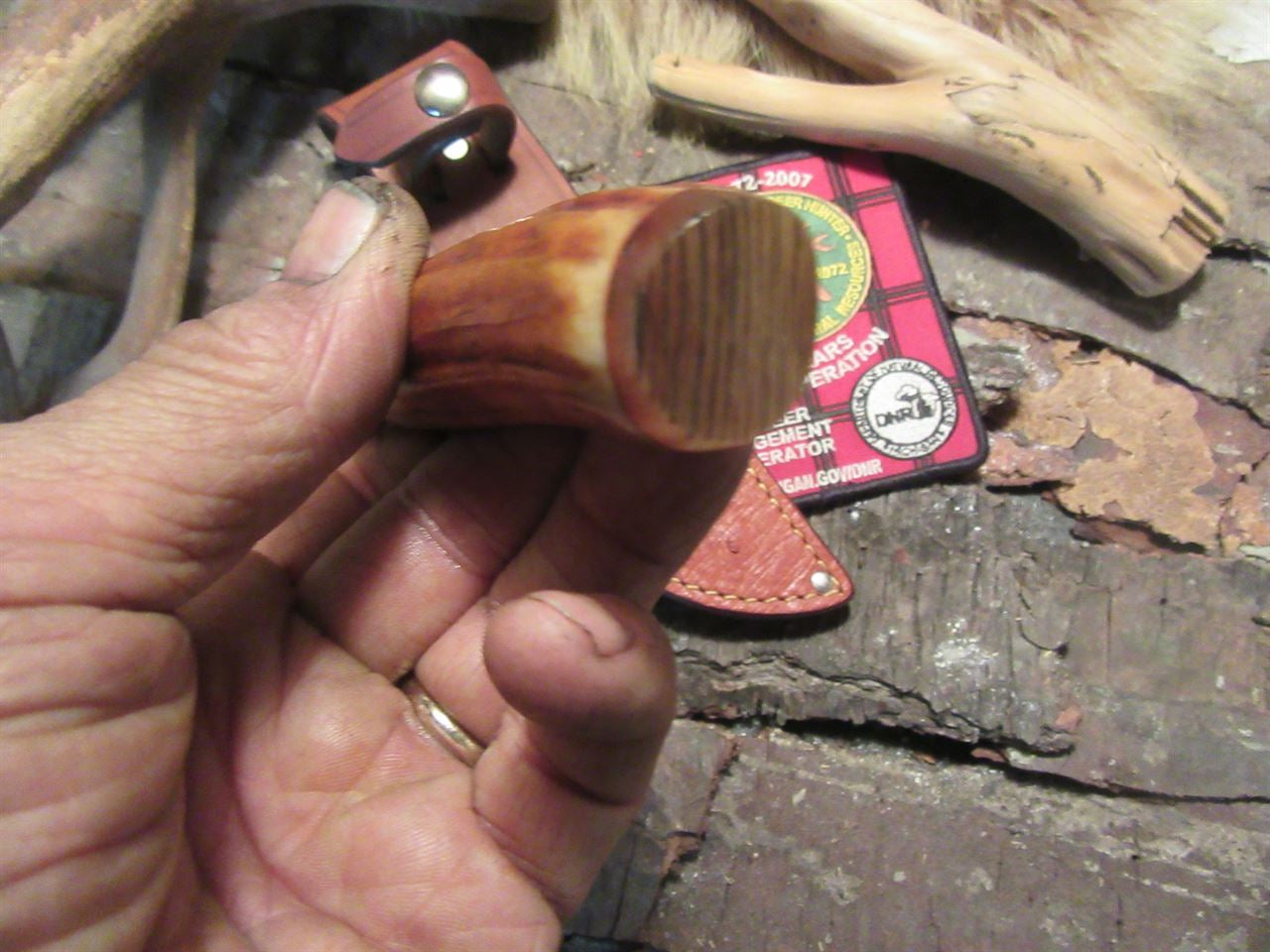  J. Behring Handmade  Hammer mark Caper 120 year old stag Ox butt Ostritch sheath
