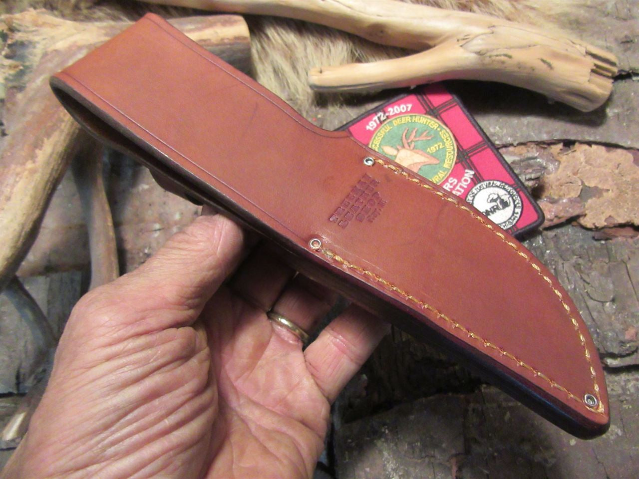  J. Behring Handmade  Hammer mark Caper 120 year old stag Ox butt Ostritch sheath