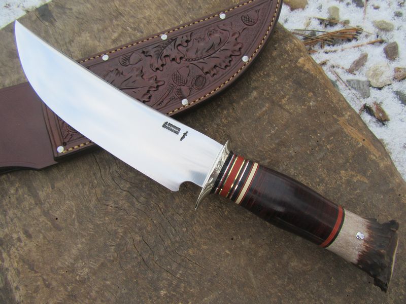     J.Behring Handmade 8" Camp Knife Nickel Horse Hide Crown Stag Acorns and Oak Leaf carved sheath