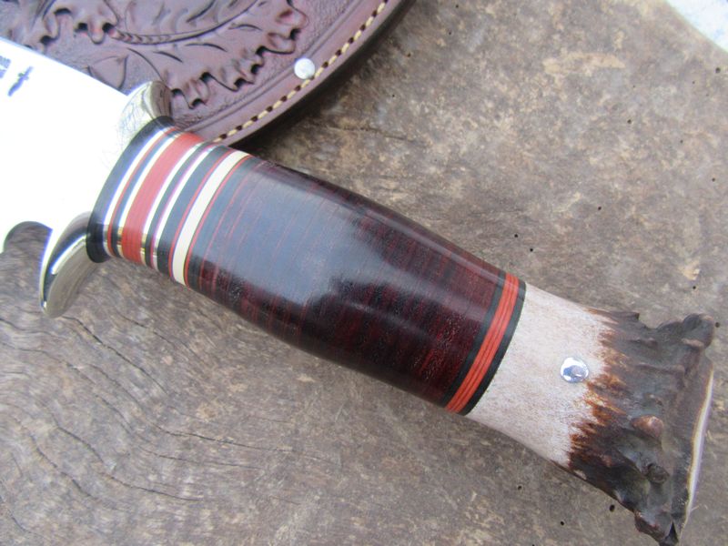     J.Behring Handmade 8" Camp Knife Nickel Horse Hide Crown Stag Acorns and Oak Leaf carved sheath