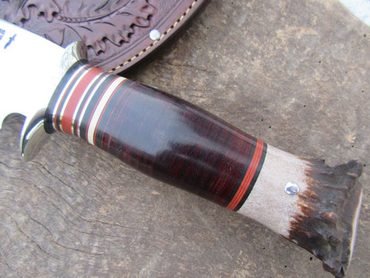     J.Behring Handmade 8" Camp Knife Nickel Horse Hide Crown Stag Acorns and Oak Leaf carved sheath