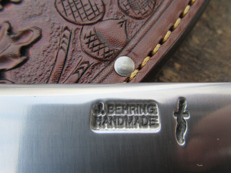     J.Behring Handmade 8" Camp Knife Nickel Horse Hide Crown Stag Acorns and Oak Leaf carved sheath