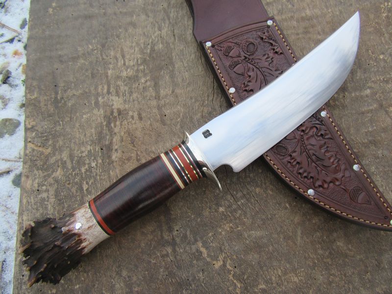     J.Behring Handmade 8" Camp Knife Nickel Horse Hide Crown Stag Acorns and Oak Leaf carved sheath