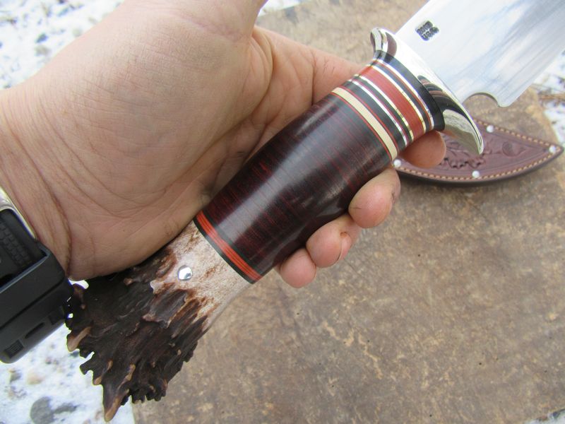     J.Behring Handmade 8" Camp Knife Nickel Horse Hide Crown Stag Acorns and Oak Leaf carved sheath