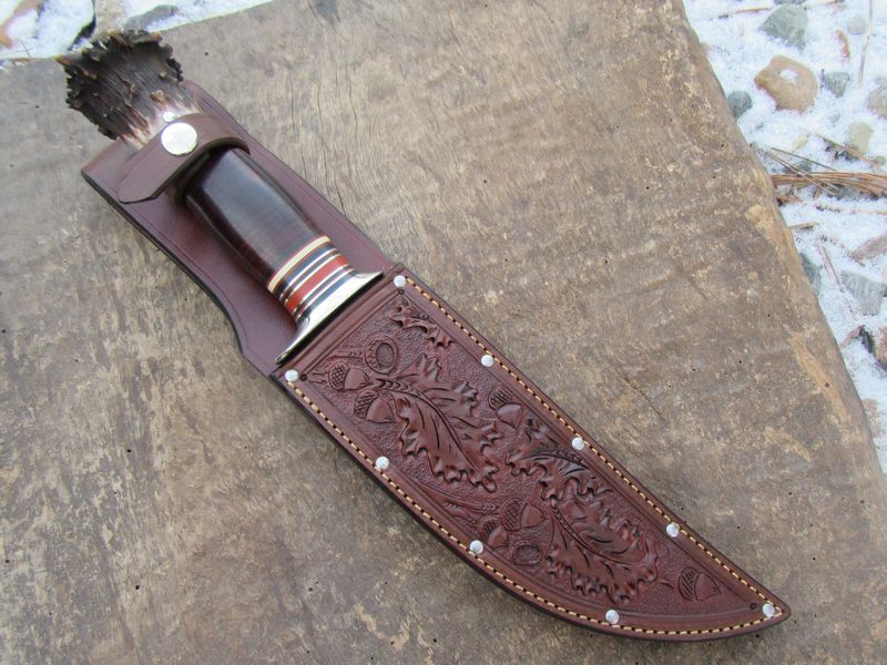     J.Behring Handmade 8" Camp Knife Nickel Horse Hide Crown Stag Acorns and Oak Leaf carved sheath