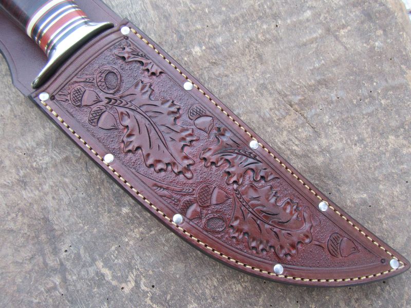     J.Behring Handmade 8" Camp Knife Nickel Horse Hide Crown Stag Acorns and Oak Leaf carved sheath