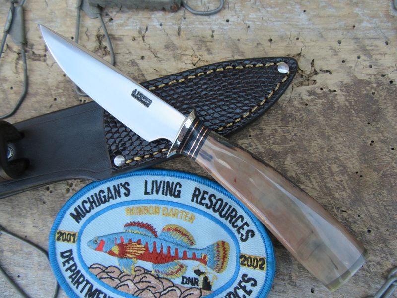 J.Behring Handmade Fossilized Ivory Michigan Trout Knife 