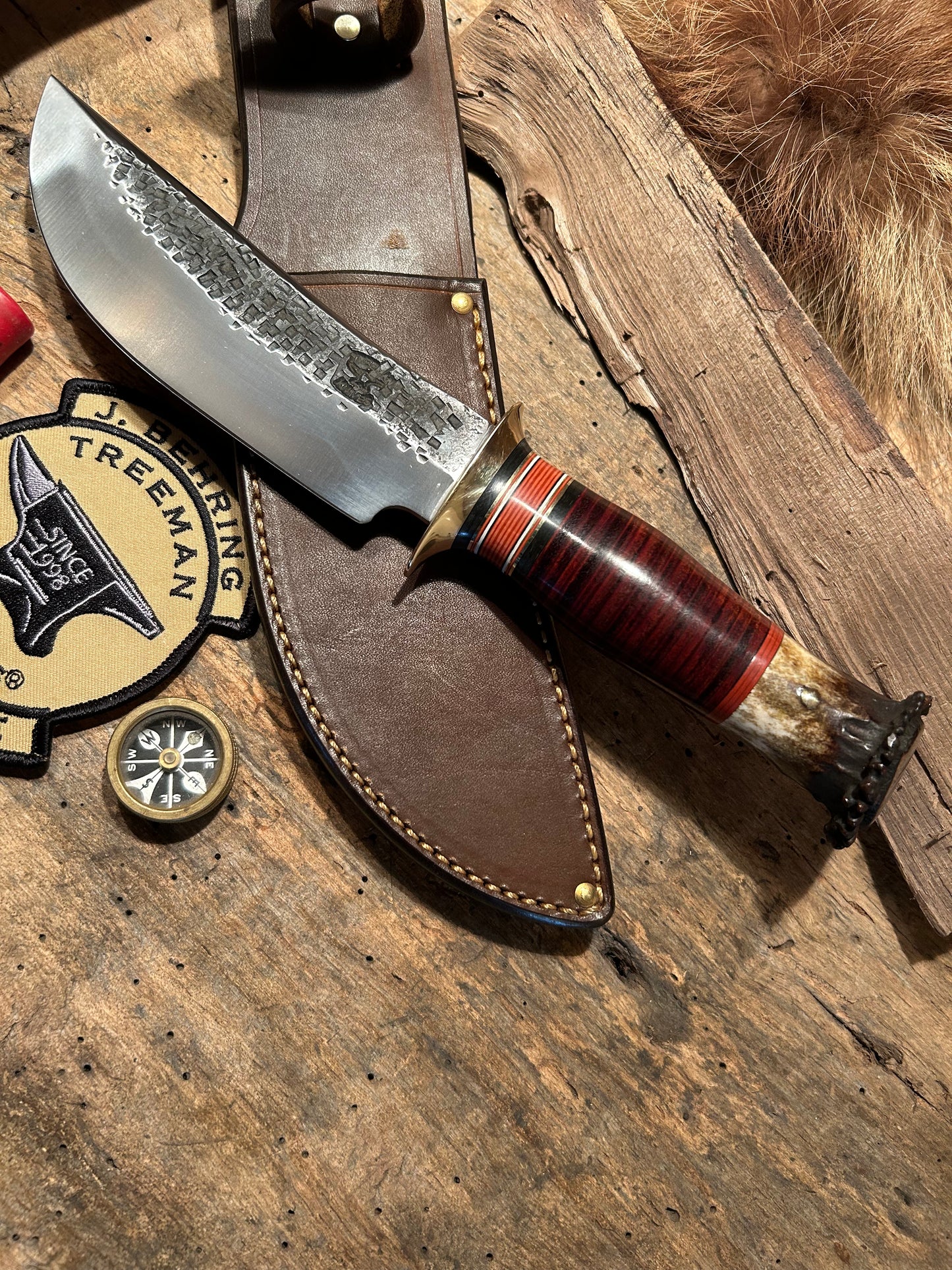 J. Behring Handmade Woodcraft Hunter Hammer Mark 6" blade Horse hide crown Stag