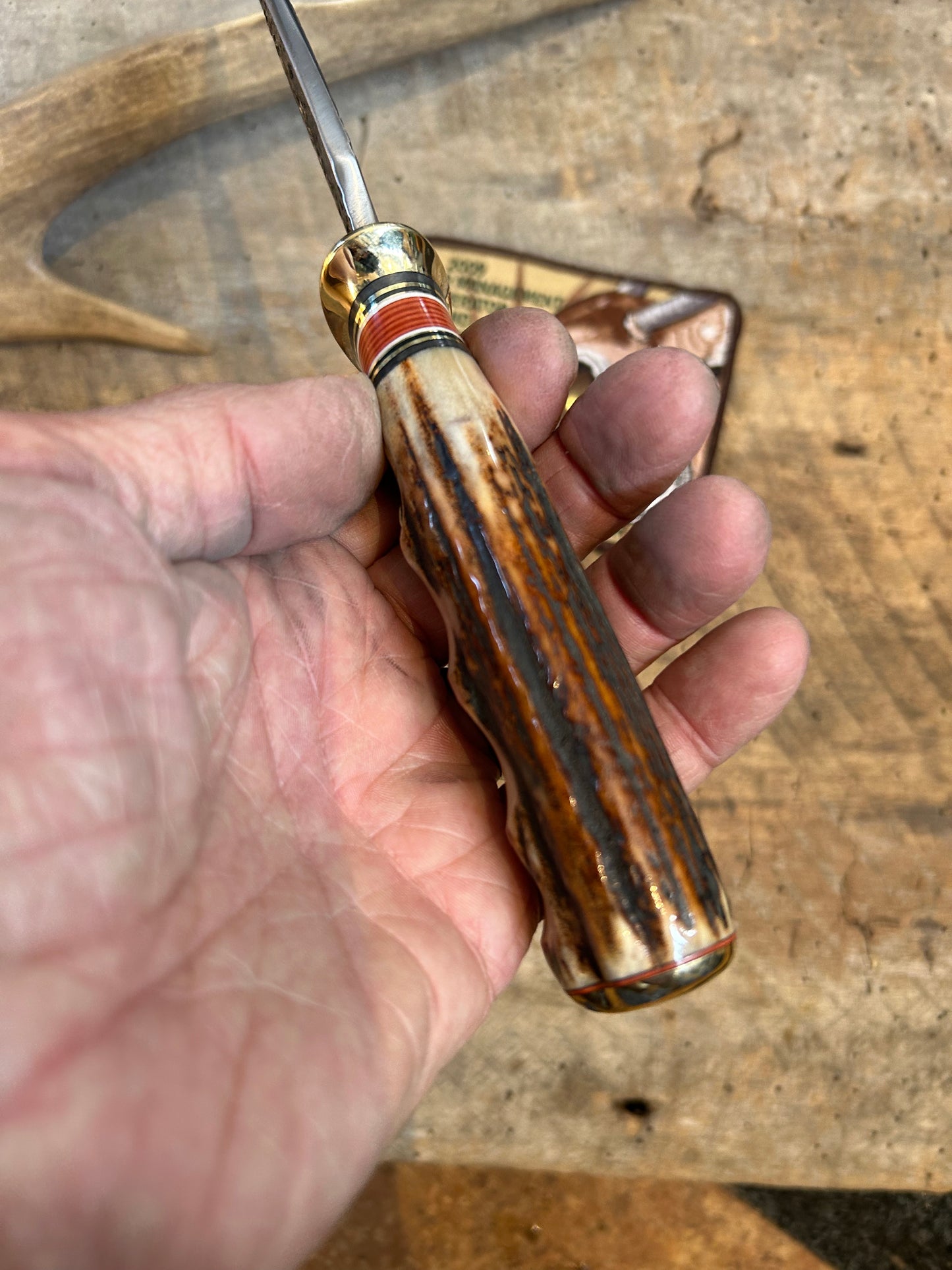 Treeman 5" Alaskan Hammermark Stag Finger Grip Handle DBL Brass
