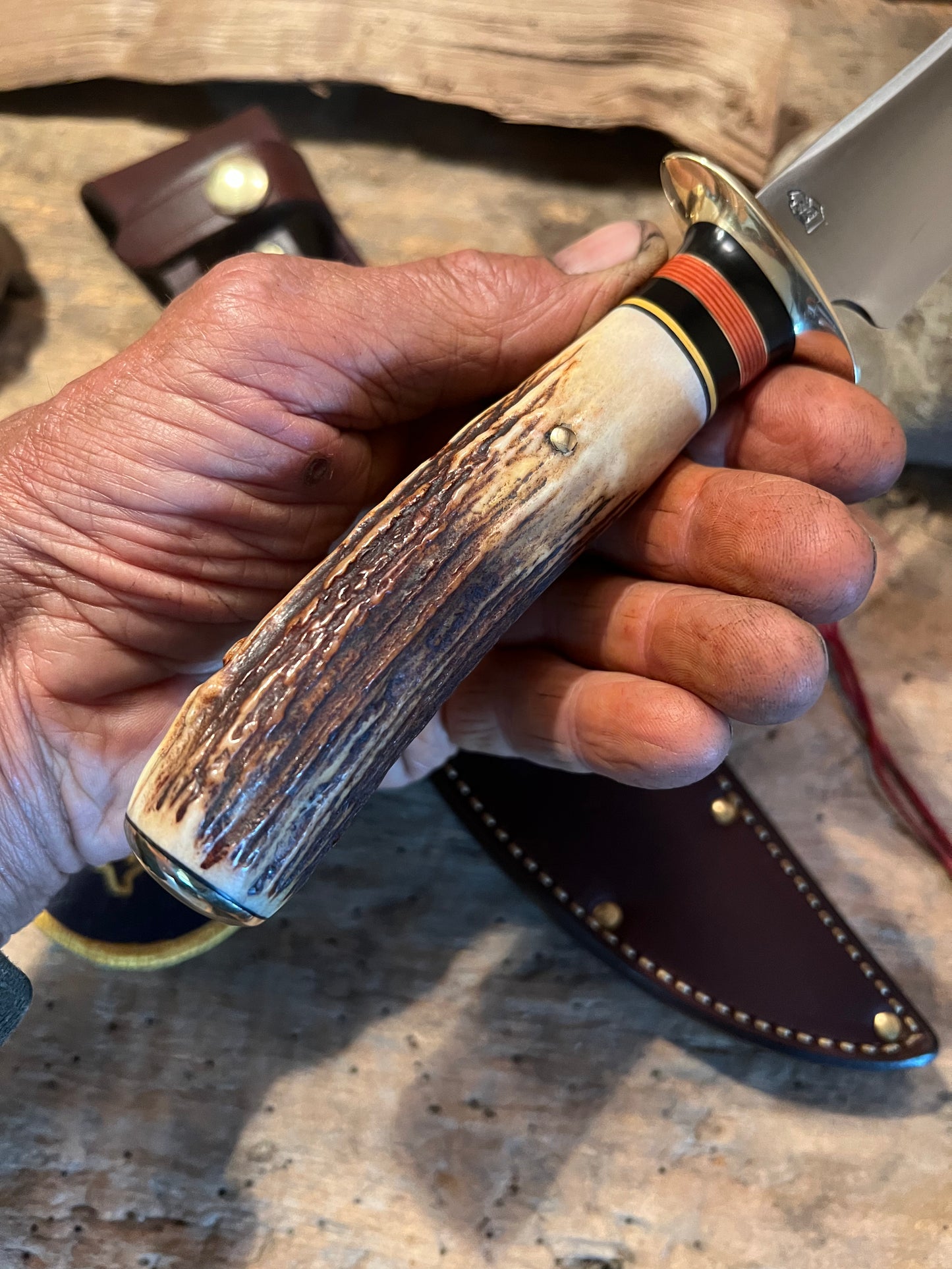 Treeman 6" Skull fighter brass , Stag , tie down sheath